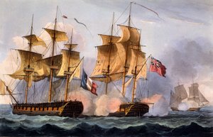 Le Desiuksen vangitseminen, Thomas Sutherlandin vedos, James Jenkinsin teoksesta The Naval Achievements of Great Britain, From the Year 1793–1817, julkaistu ensimmäisen kerran vuonna 1817 (käsinvärinen akvatinta)